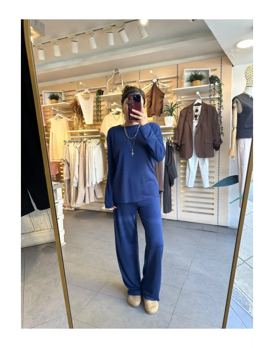 MetuCa Kadın Lacivert Pike Modal Kumaş Takım Dökümlü Bluz ve Geniş Paça Palazzo Pantolon