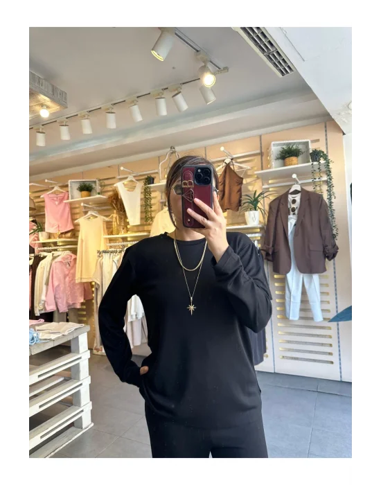 MetuCa Kadın Siyah Pike Modal Kumaş Takım Dökümlü Bluz ve Geniş Paça Palazzo Pantolon