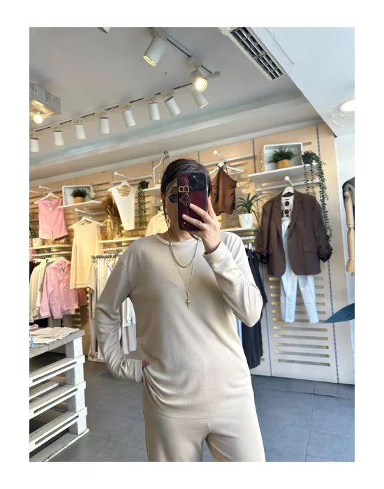 MetuCa Kadın Krem Pike Modal Pamuk Kumaş Takım Dökümlü Bluz ve Geniş Paça Palazzo Pantolon