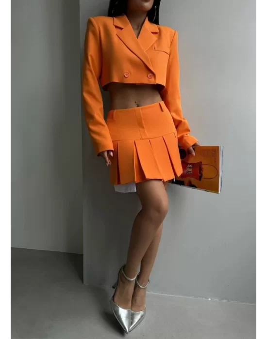 Pileli Etek Crop Ceket Takım