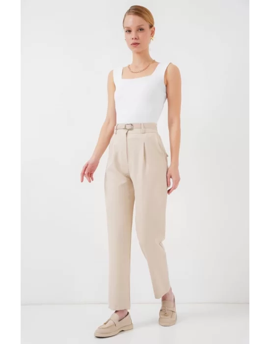 Pileli Kemerli Kumaş Pantolon 6725 - Krem
