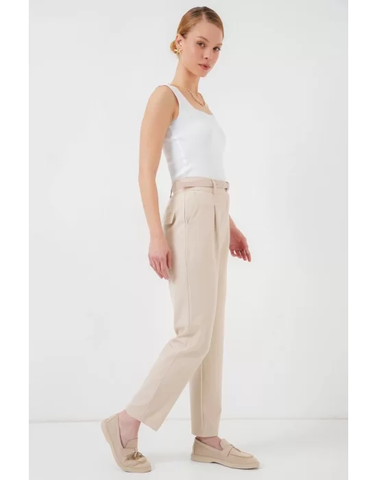 Pileli Kemerli Kumaş Pantolon 6725 - Krem