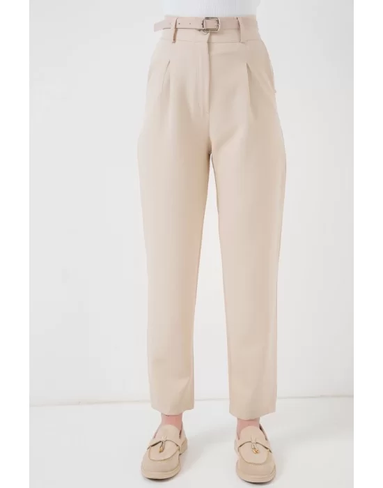 Pileli Kemerli Kumaş Pantolon 6725 - Krem