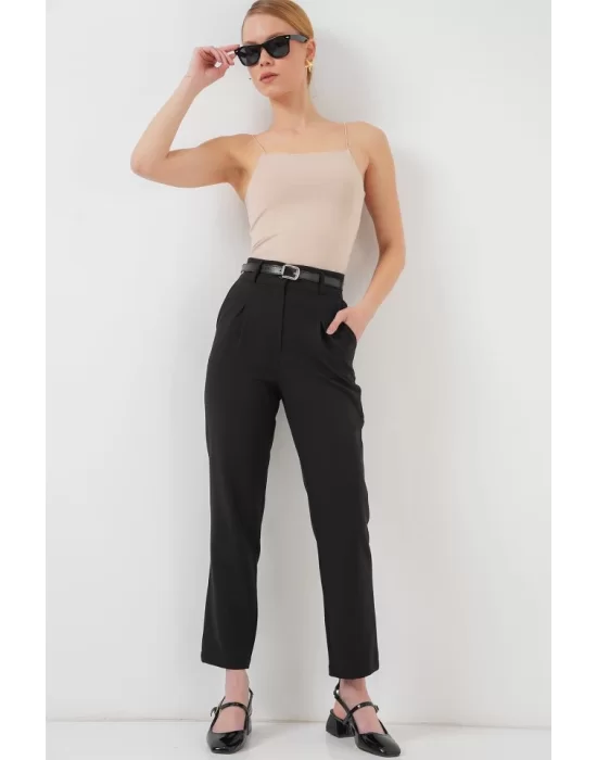 Pileli Kemerli Kumaş Pantolon 6725 - Siyah