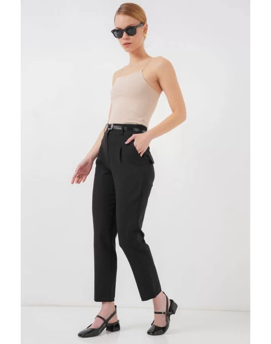 Pileli Kemerli Kumaş Pantolon 6725 - Siyah