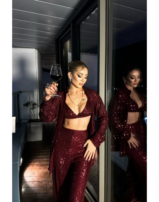 PUL PAYET 3 LÜ TAKIM - CEKET-BÜSTİYER-PANTOLON - Bordo