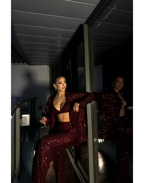 PUL PAYET 3 LÜ TAKIM - CEKET-BÜSTİYER-PANTOLON - Bordo