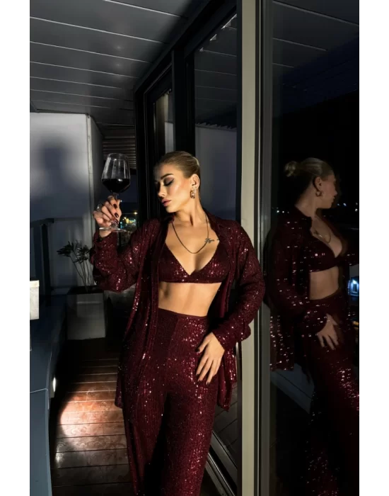 PUL PAYET 3 LÜ TAKIM - CEKET-BÜSTİYER-PANTOLON - Bordo