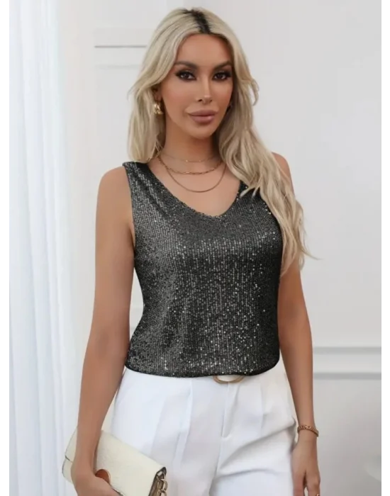 Pul Payetli Sıfır Kol Bluz -Siyah