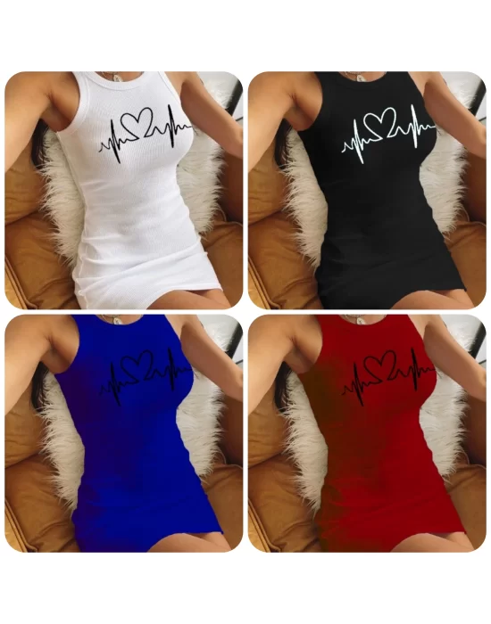 Ritim Kalp Baskılı Sıfır Kol Kaşkorse Elbise