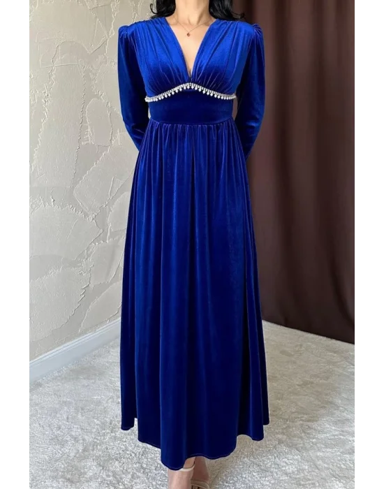 Saks Göğüs Altı Taşlı Elbise