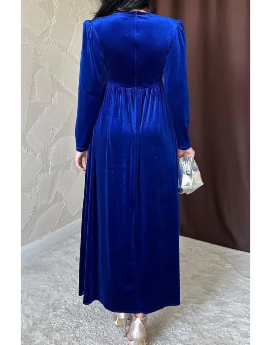 Saks Göğüs Altı Taşlı Elbise