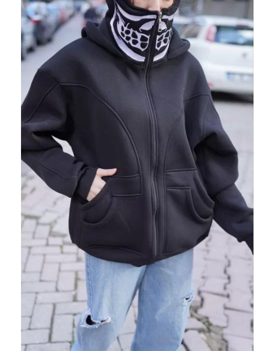 Samuray Kapşonlu ZIP Fermuarlı Çift Kapşonlu Nakışlı SweatShirt- Siyah