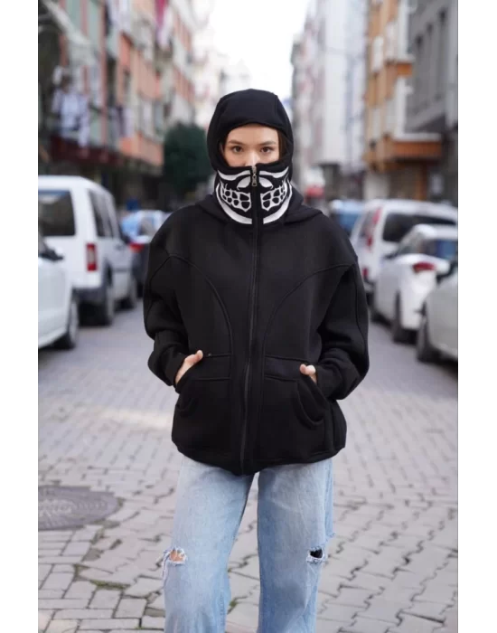 Samuray Kapşonlu ZIP Fermuarlı Çift Kapşonlu Nakışlı SweatShirt- Siyah