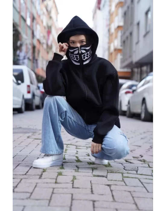 Samuray Kapşonlu ZIP Fermuarlı Çift Kapşonlu Nakışlı SweatShirt- Siyah