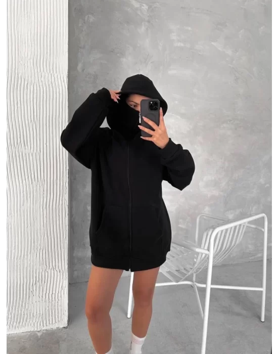 Samuray ZIP Fermuarlı Kapüşonlu SweatShirt- Siyah