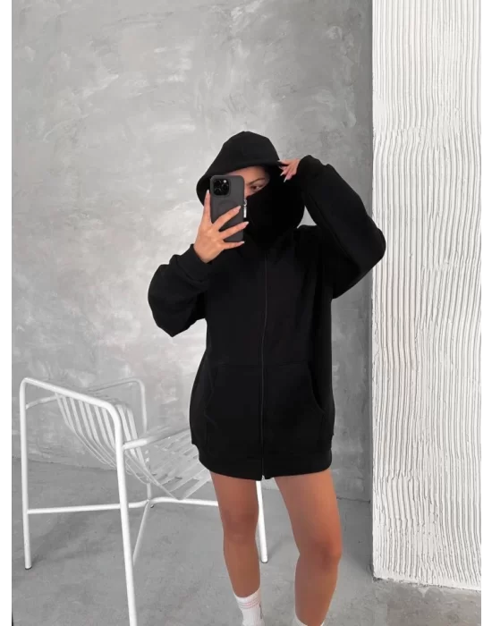 Samuray ZIP Fermuarlı Kapüşonlu SweatShirt- Siyah