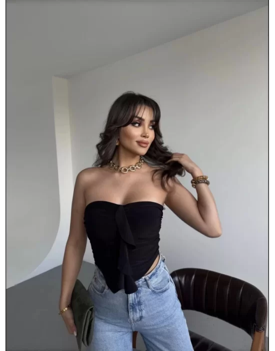 Sandy Asimetrik Büzgülü Straplez Bluz - Siyah