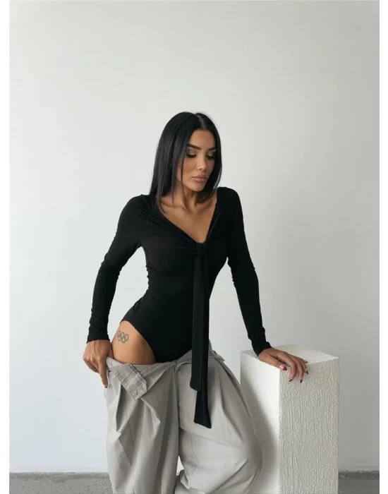 SANDY BODYSUİT ÖNDEN BAĞLAMA DETAYLI - Siyah