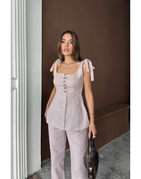 ŞANTUK KETEN YELEK GÖRÜNÜMLÜASKILI BLUZ - PANTOLON TK - Lila