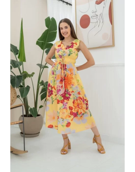 Sarı Çiçek Desenli Yazlık Elbise