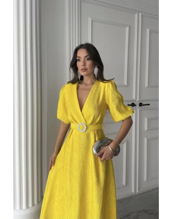 Siyah Işıltılı Kemerli Kruvaze Elbise