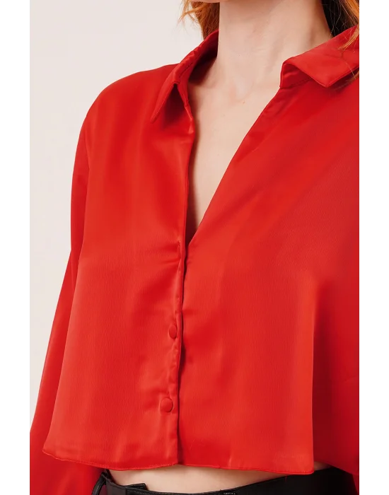 Saten Crop Model Kırmızı Gömlek