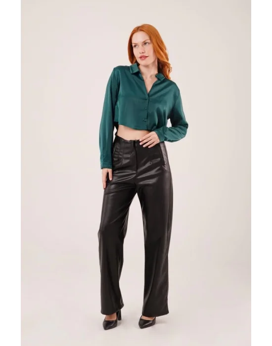 Saten Crop Model Yeşil Gömlek