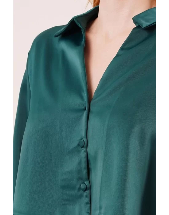 Saten Crop Model Yeşil Gömlek