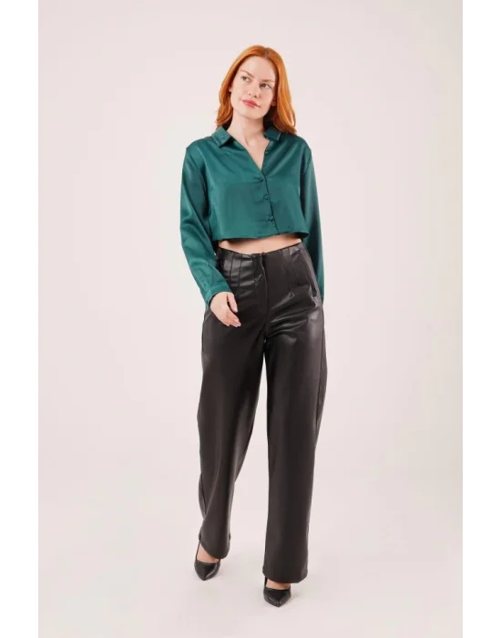 Saten Crop Model Yeşil Gömlek
