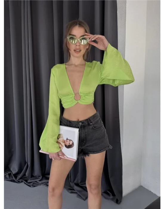 SATEN CROP TOKA DETAYLI BLUZ - Yeşil