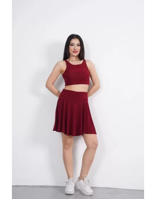 Sendy Kumaş Bisiklet Yaka Crop Şortlu Etek Ikili Takım - Bordo