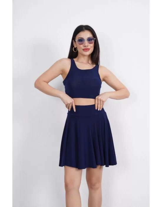 Sendy Kumaş Bisiklet Yaka Crop Şortlu Etek Ikili Takım - Lacivert