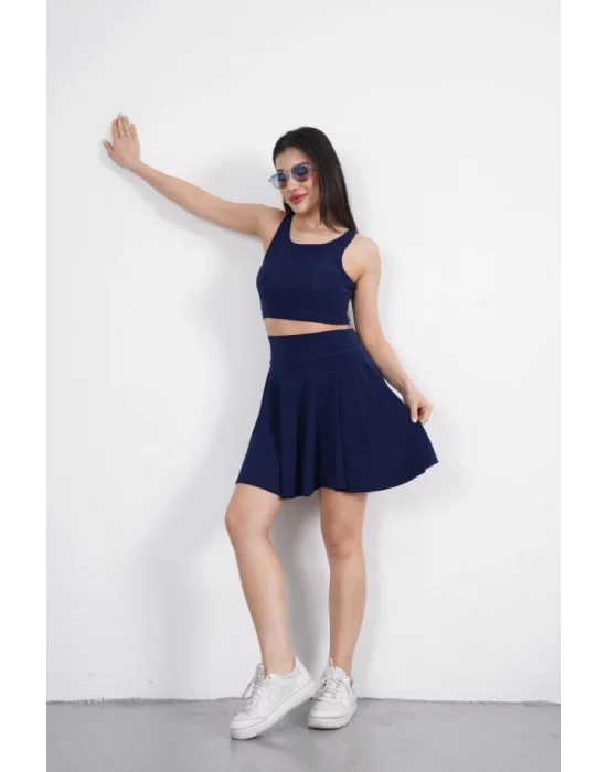 Sendy Kumaş Bisiklet Yaka Crop Şortlu Etek Ikili Takım - Lacivert