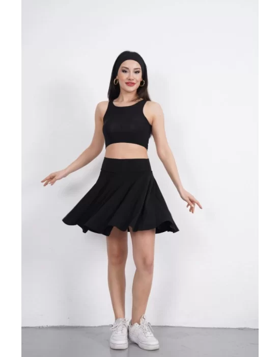 Sendy Kumaş Bisiklet Yaka Crop Şortlu Etek Ikili Takım - Siyah