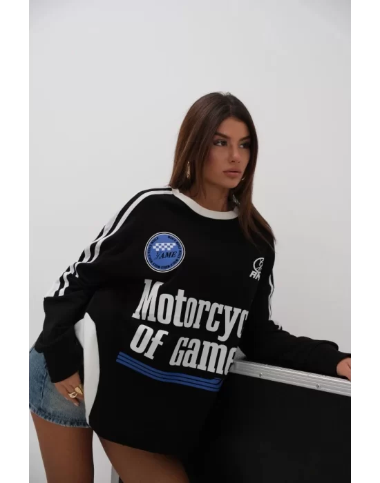 Şerit Detay Baskılı Oversize Sweatshirt