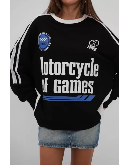 Şerit Detay Baskılı Oversize Sweatshirt