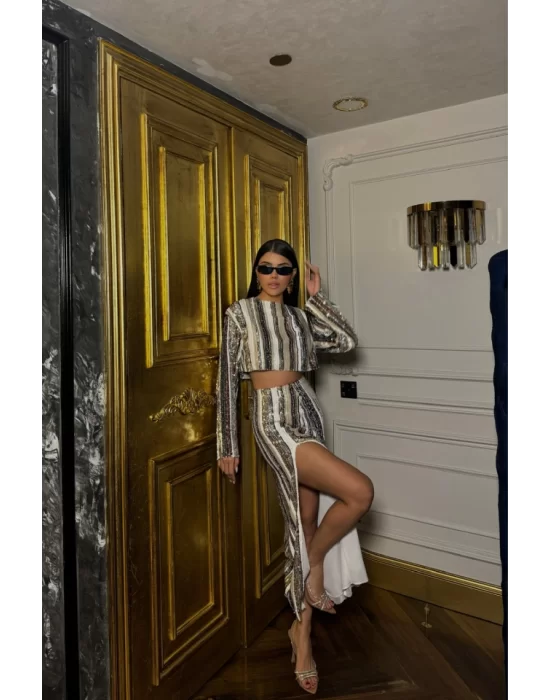 ŞERİT PAYET CROP BLUZ - YIRTMAÇLI ETEK TAKIM - Siyah