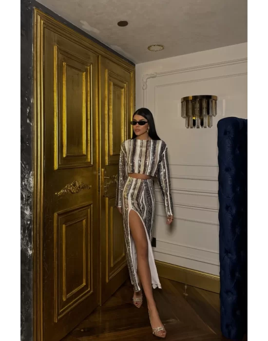 ŞERİT PAYET CROP BLUZ - YIRTMAÇLI ETEK TAKIM - Siyah