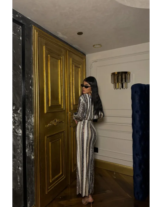 ŞERİT PAYET CROP BLUZ - YIRTMAÇLI ETEK TAKIM - Siyah