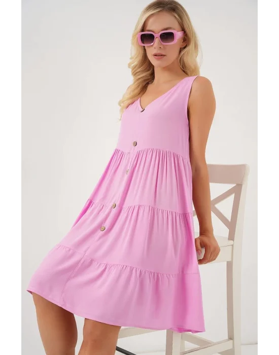 Sıfır Kol Düğmeli Kısa Elbise 2571 - Pembe