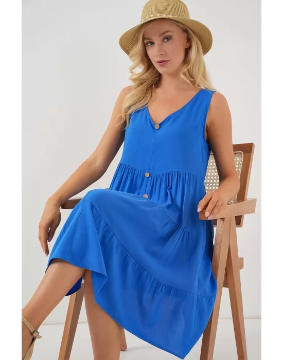 Sıfır Kol Düğmeli Kısa Elbise 2571 - Saks