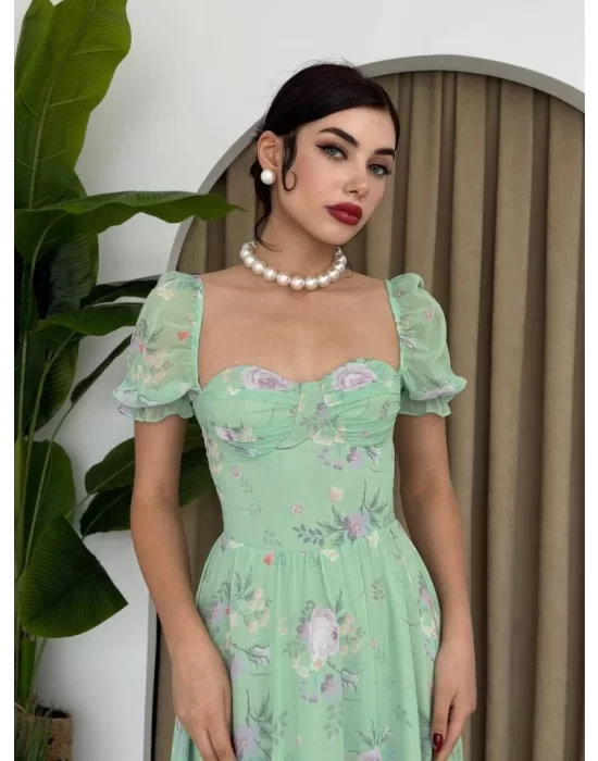 ŞİFON KUMAŞ DİJİTAL DESEN BASKILI ELBİSE