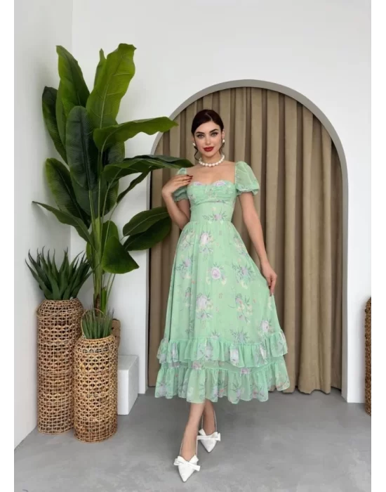 ŞİFON KUMAŞ DİJİTAL DESEN BASKILI ELBİSE