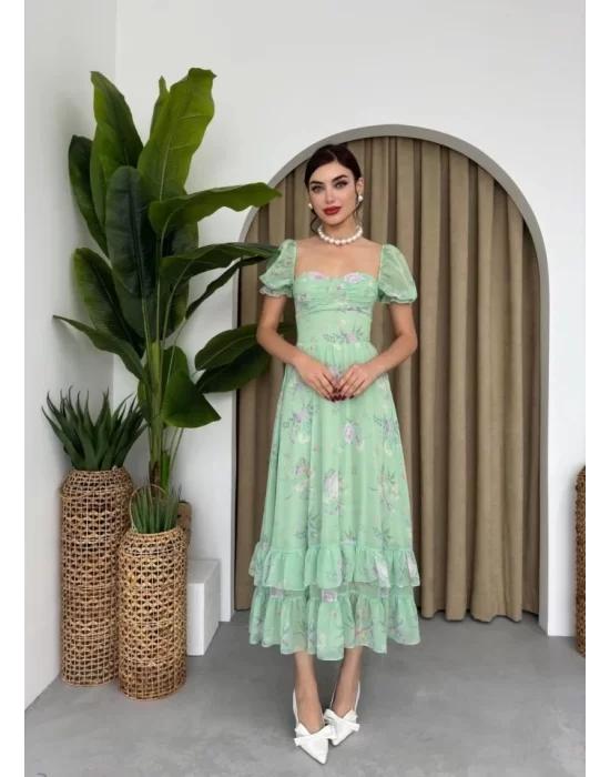 ŞİFON KUMAŞ DİJİTAL DESEN BASKILI ELBİSE