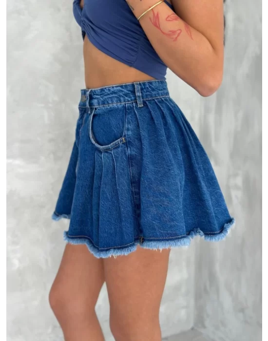 Şık Pileli Yazlık Mini Etekli Kot- Saks Mavisi