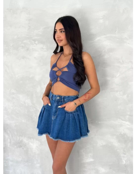 Şık Pileli Yazlık Mini Etekli Kot- Saks Mavisi