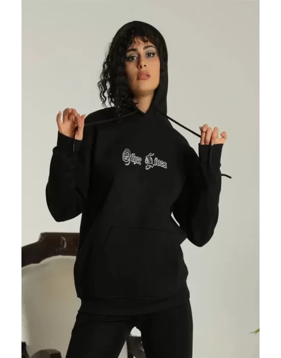 Sırt Baskılı Oversize Üç İplik Kapüşonlu Sweatshirt - Siyah