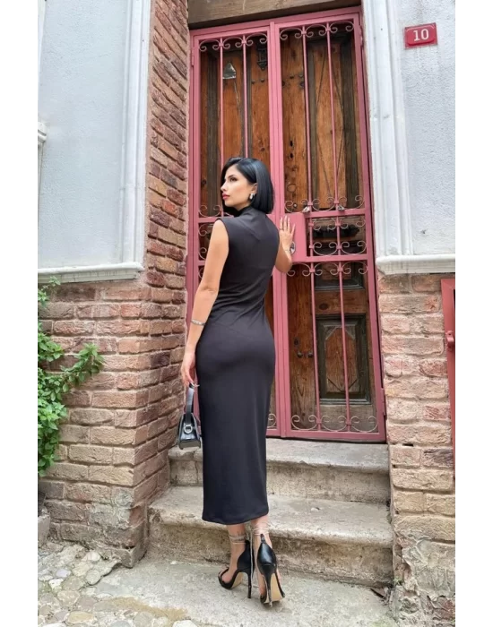 Siyah Boydan Fermuarlı Kolsuz Elbise