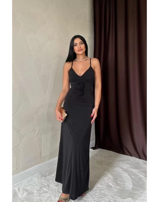 Siyah Büzgülü Uzun Güllü Elbise